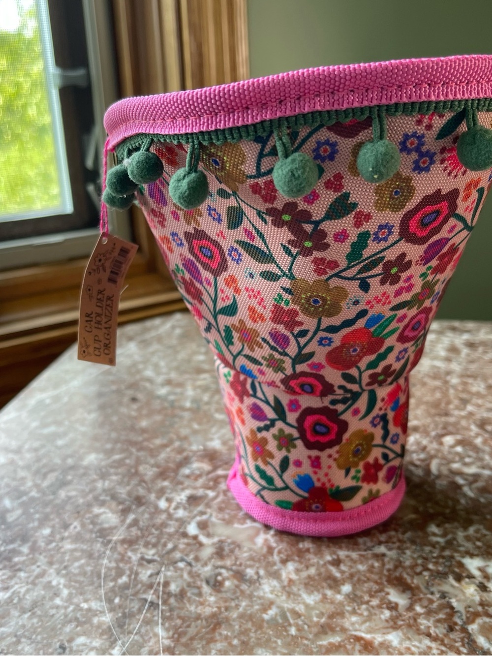 Natural Life Car Cup Holder Organizer Floral Pom Pom NWT